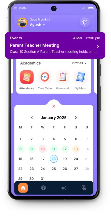 The Edoovi parent app showing school alerts and teacher messages