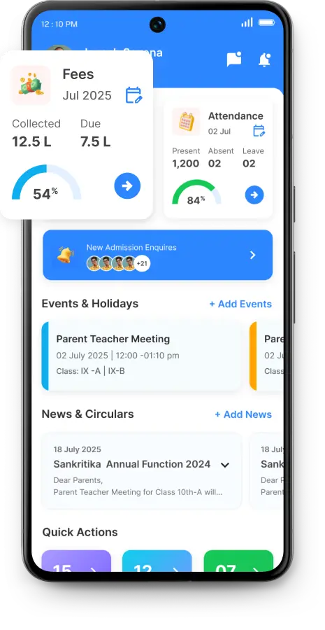 The Edoovi school app showing the day's fee collection and attendance