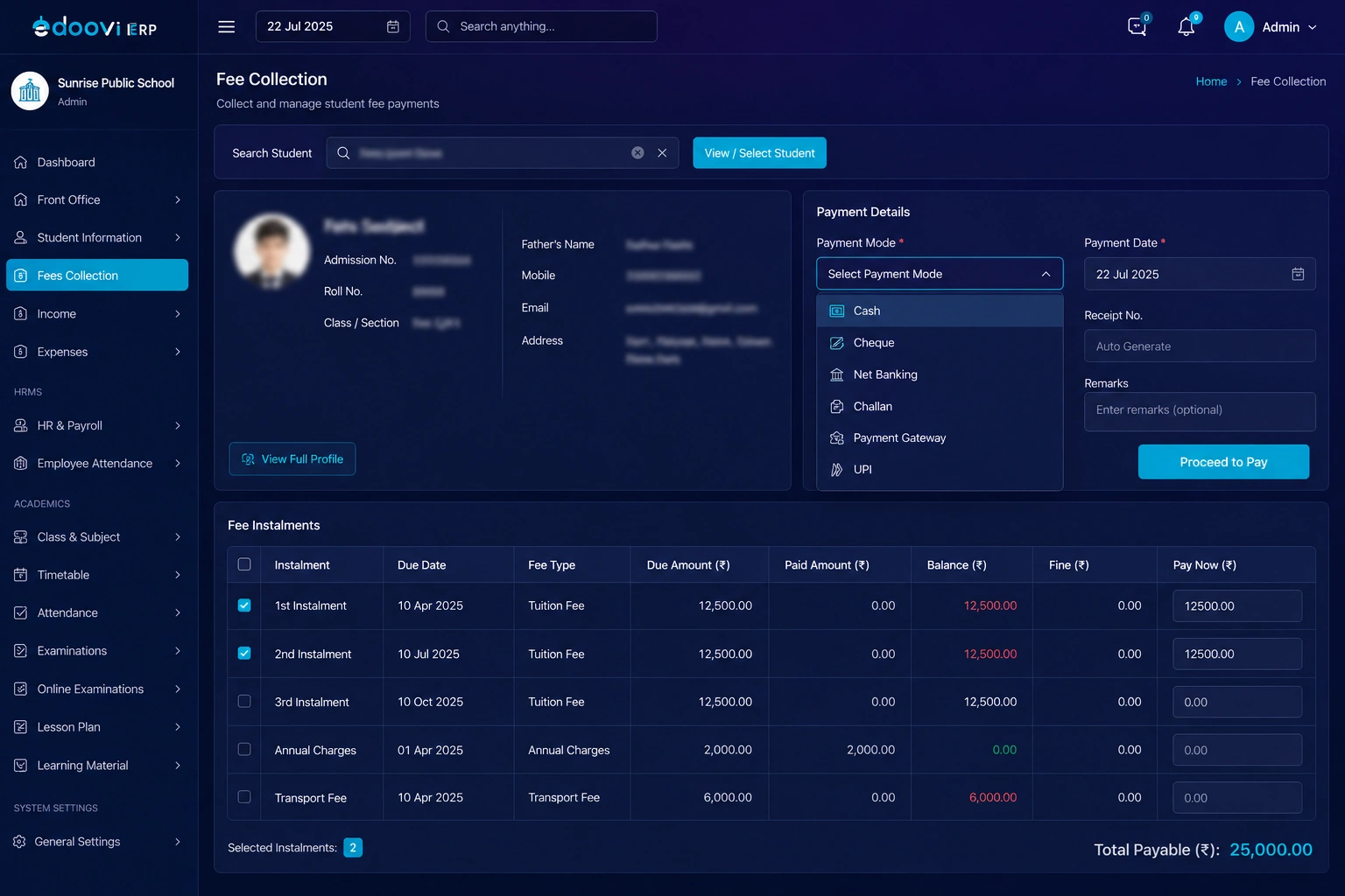 Edoovi ERP fee collection screen with student search, payment mode and instalment selection