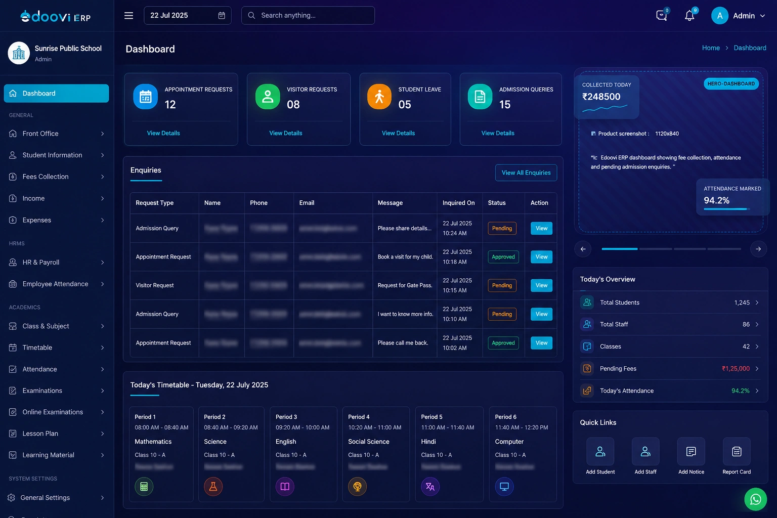 Edoovi school ERP software dashboard showing fee collection, attendance and admission enquiries